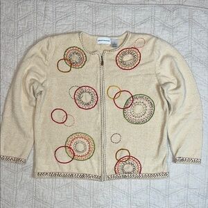Alfred Dunner Beige Embroidered Beaded Zip Cardigan